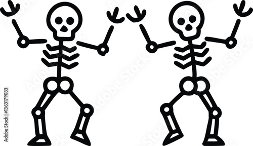 Skeletons dancing with different positions flat style design vector illustration set. Funny dancing Halloween or Day of the dead skeletons collection. Creepy, scary human bones characters silhouettes.
