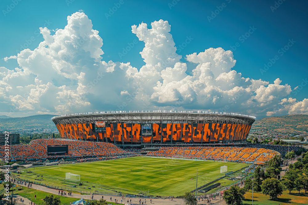 A vibrant view of Soccer City in Johannesburg, dynamic and lively, sports theme.