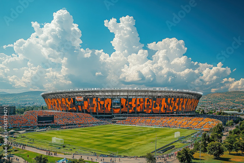 Obraz na płótnie A vibrant view of Soccer City in Johannesburg, dynamic and lively, sports theme. w salonie