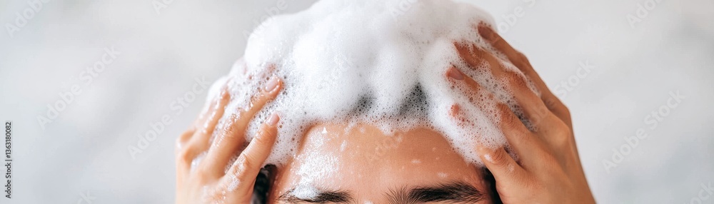 Fototapeta premium Man s head covered in thick shampoo lather, receiving a professional scalp massage