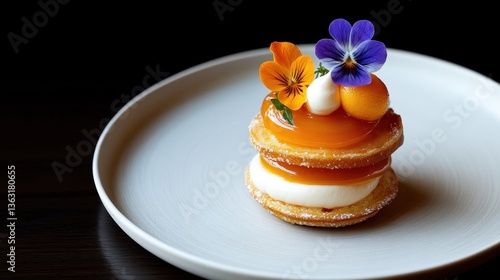 Elegant Dessert TwoLayered Cake with Orange Glaze and Edible Flowers