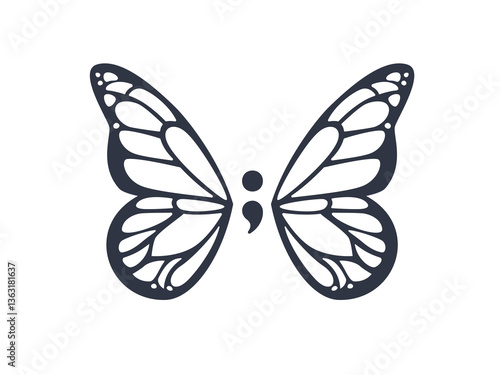 Black Semicolon with Butterfly Wings. Isolated Vector Illustration Design