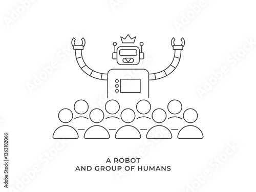 A Robot king and a group of human. Isolated Vector Illustration