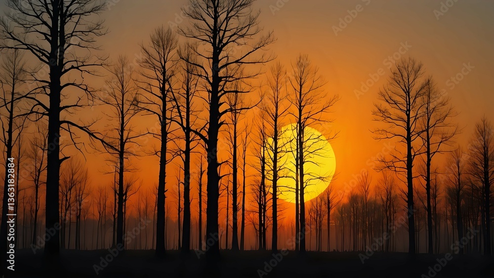 Silhouetted trees stand tall against a vibrant orange sunset, creating a dramatic and peaceful scene. The large sun dominates the sky. Silhouetted trees stand tall against a vibrant orange sunset, creating a dramatic and peaceful scene. The large sun dominates the sky.