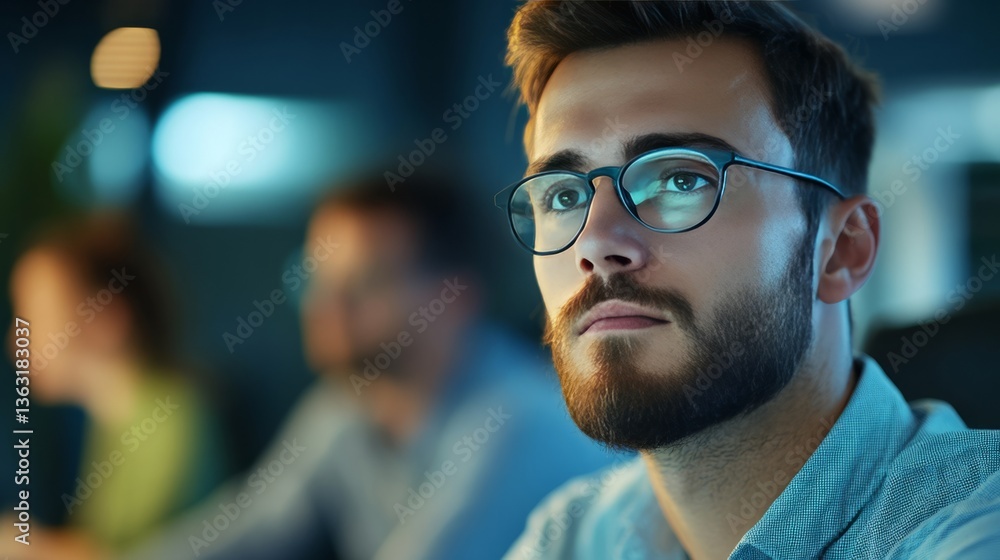 Male wearing glasses focused on computer work, technology business, late-night office productivity concept Male wearing glasses focused on computer work, technology business, late-night office productivity concept