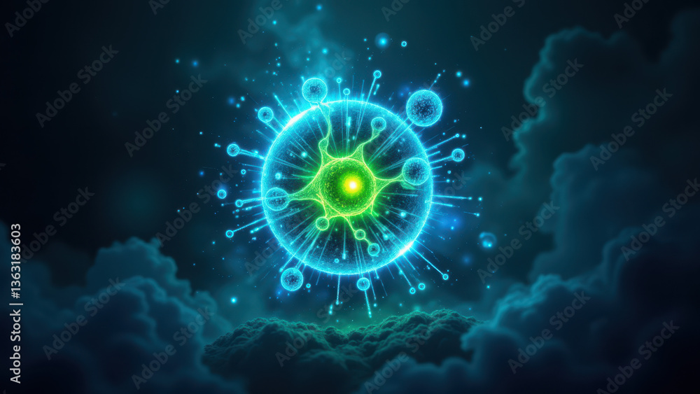 A dynamic and colorful depiction of a molecule with blue and green hues against a dark background with swirling clouds or mist. A dynamic and colorful depiction of a molecule with blue and green hues against a dark background with swirling clouds or mist.