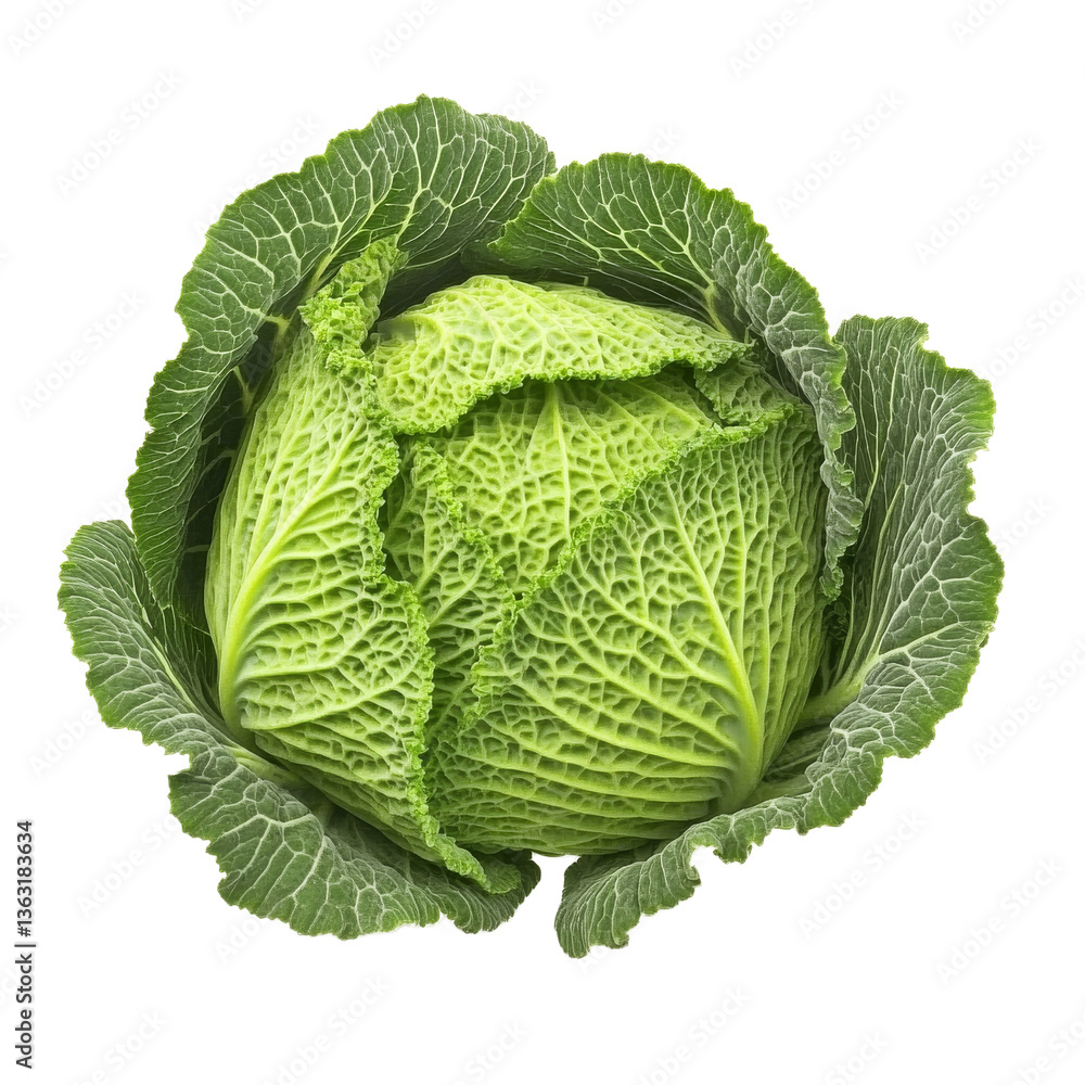 Fresh green cabbage with intricate leaf patterns and vibrant color