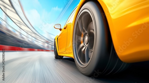 Yellow sports car speeding around a race track, dynamic low angle view, motion blur, bright sunlight