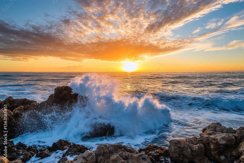 Obraz premium Ocean waves crashing at rocky coast 