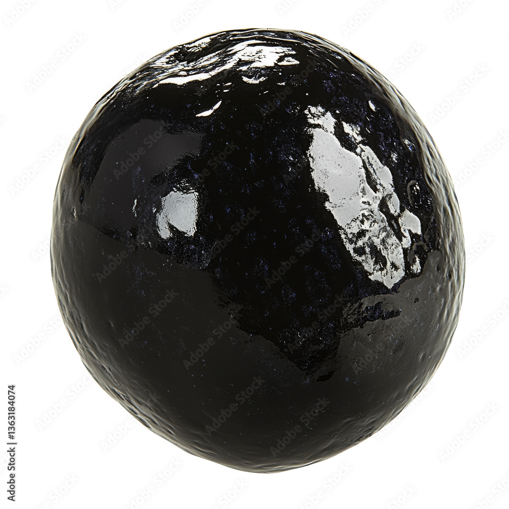 Shiny black sphere resembling an avocado in a natural setting