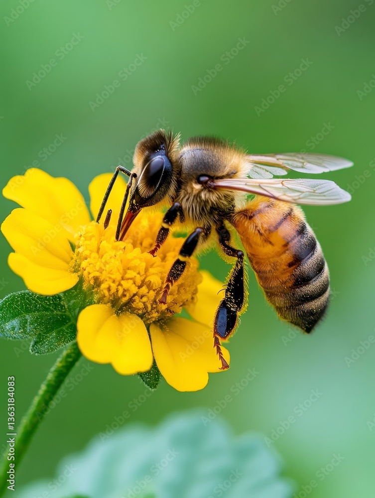 Close up of a honeybee on a yellow flower, green blurred background. Detailed view of bee's body and flower's pollen Close up of a honeybee on a yellow flower, green blurred background. Detailed view of bee's body and flower's pollen