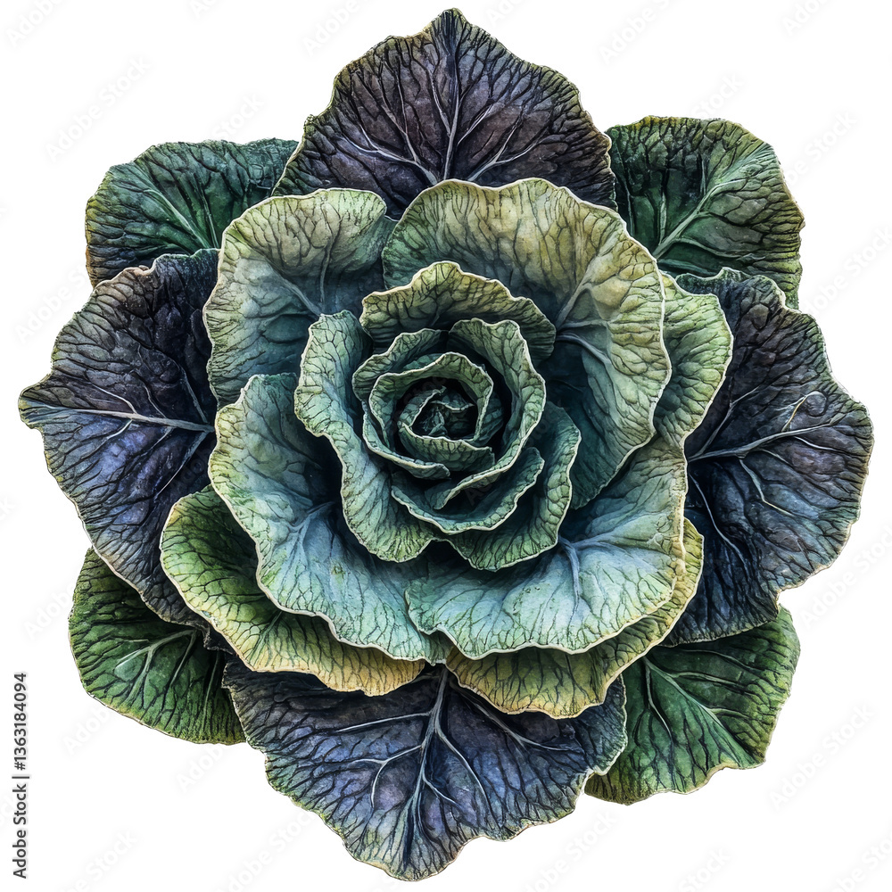 Decorative green cabbage with intricate leaf patterns is arranged beautifully