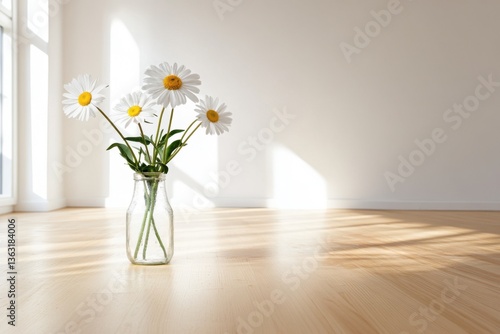 Daisies in glass vase on wooden floor	