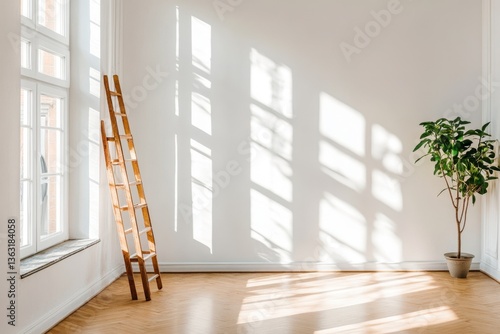 Empty bright room with ladder and plant	