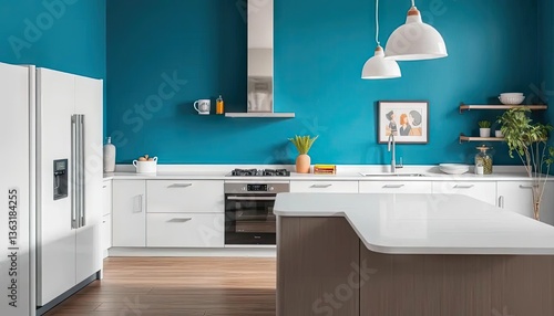 Modern teal kitchen with island