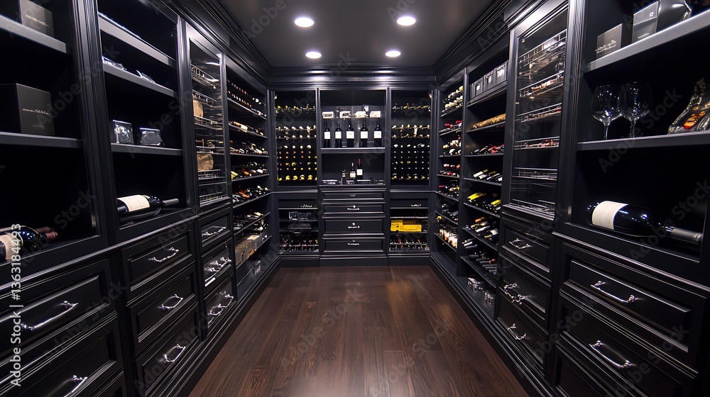 Luxurious walk in wine cellar featuring elegant shelves and various wine bottles Luxurious walk in wine cellar featuring elegant shelves and various wine bottles