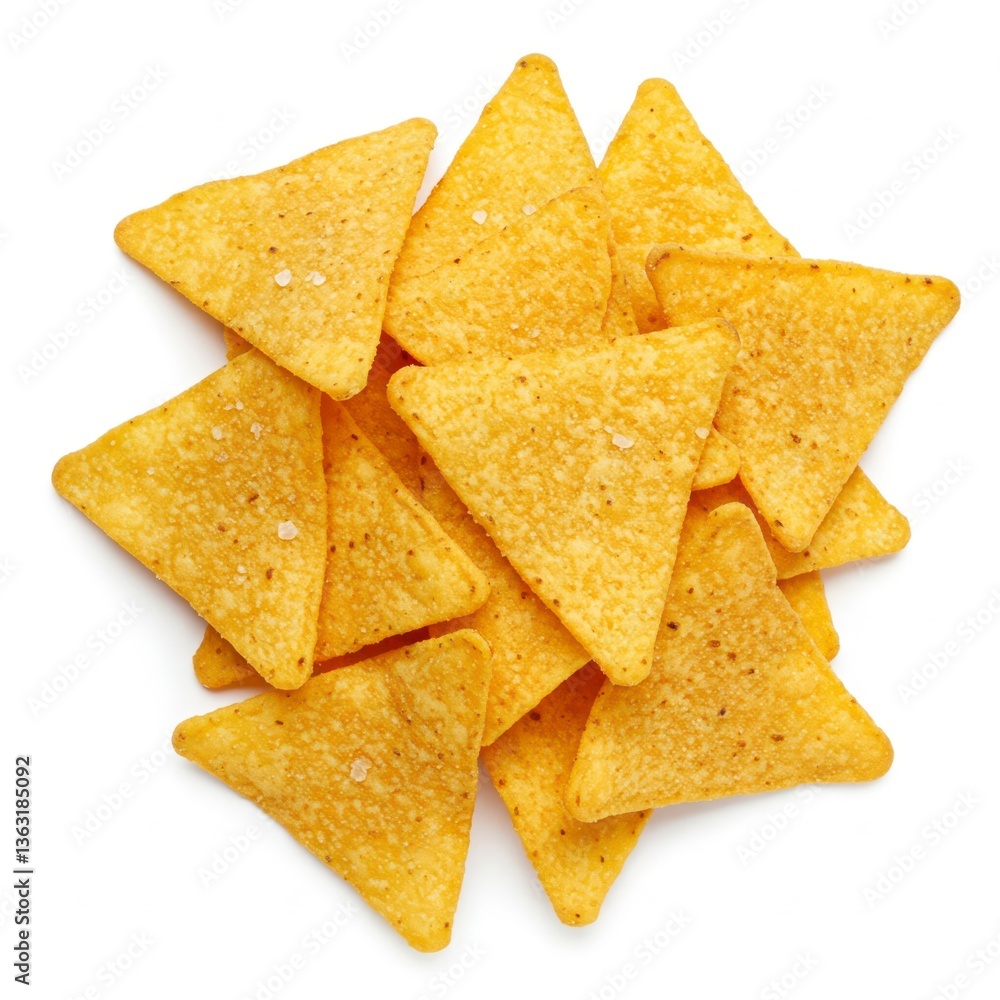 A single, crispy golden nacho chip on a plain white background.
A single, crispy golden nacho chip on a plain white background.
