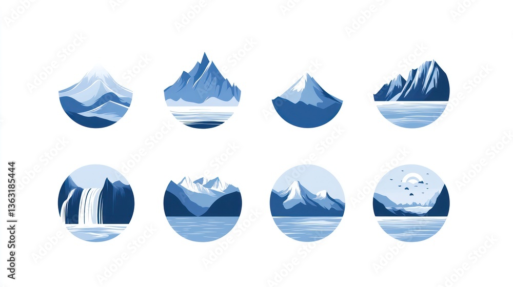 Fototapeta premium Mountain icons in blue with a water view in circles for web design, UI, and apps