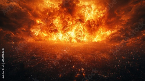 Apocalyptic Inferno: A fiery explosion engulfs a sprawling metropolis, casting an ominous orange glow across the landscape.