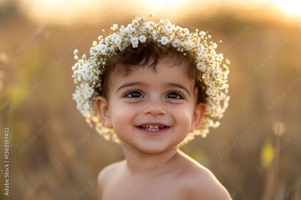 Happy caucasian infant boy with multi-color hair wearing white flower circlet on his head. Golden hour in sunset. Happy warm season holidays conceptual art. Cheerful boy in nature. Happy caucasian infant boy with multi-color hair wearing white flower circlet on his head. Golden hour in sunset. Happy warm season holidays conceptual art. Cheerful boy in nature.