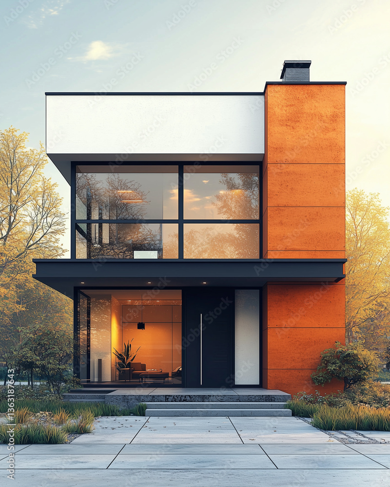 Modern minimalist house exterior at sunset with large glass windows – architectural rendering