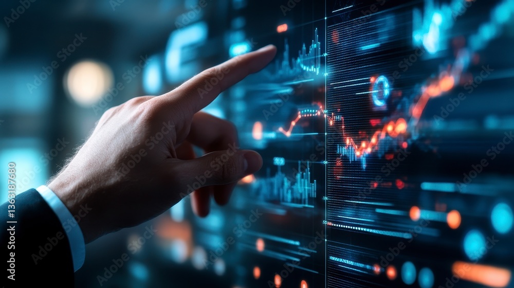 Close up of a hand interacting with a futuristic digital interface displaying vibrant data charts and graphs. Dark Close up of a hand interacting with a futuristic digital interface displaying vibrant data charts and graphs. Dark