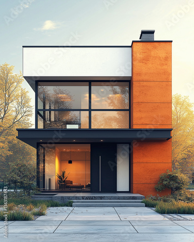 Obraz na płótnie Modern minimalist house exterior at sunset with large glass windows – architectural rendering w salonie