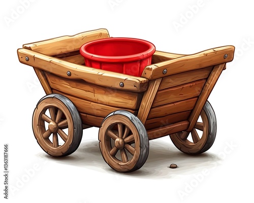 Wooden cart with red bucket, and isolated.