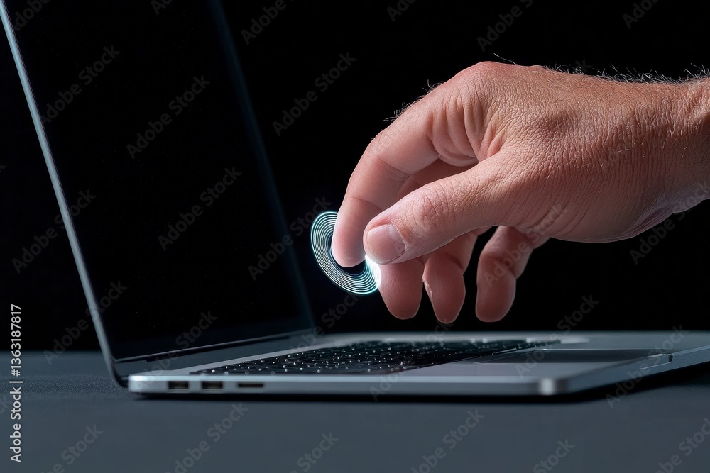 Close up of a hand interacting with a glowing digital element on a laptop screen, dark background Close up of a hand interacting with a glowing digital element on a laptop screen, dark background