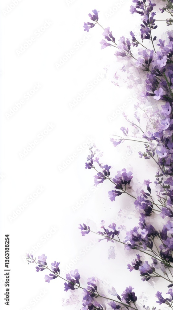 Purple lavender flowers arranged against a white background elegantly Purple lavender flowers arranged against a white background elegantly