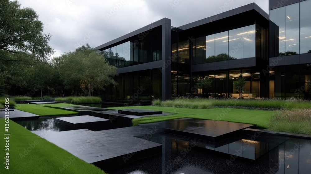 custom made wallpaper toronto digitalModern office complex with meticulously landscaped grounds. Large, sleek, contemporary building with dark exterior and glass facade, nestled within a meticulously designed garden.
