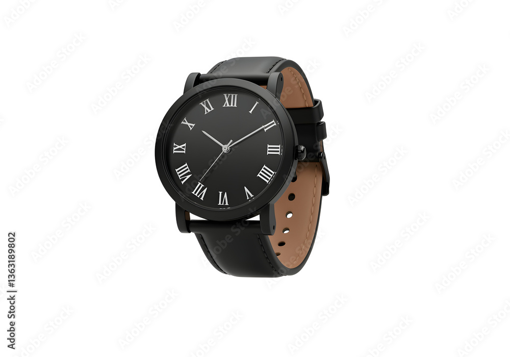 A floating black wristwatch with Roman numerals, isolated on a solid white background. A floating black wristwatch with Roman numerals, isolated on a solid white background.