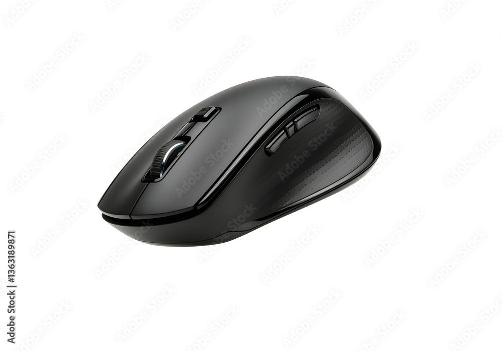 A floating black wireless mouse, isolated on a solid white background. A floating black wireless mouse, isolated on a solid white background.