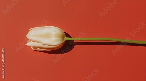 Cream tulip on red background with shadow