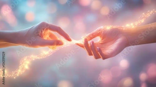 Two hands touching through glowing pink threads representing healing, compassion, and connection