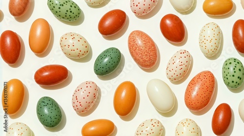 Speckled candy eggs on cream background in various colors