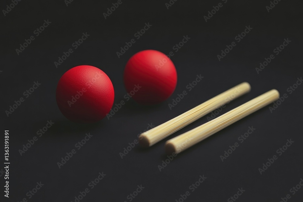 Red Balls and Wooden Sticks on Dark Background Studio Shot Red Balls and Wooden Sticks on Dark Background Studio Shot