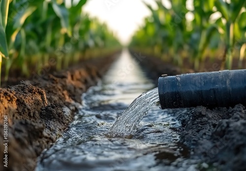 Wallpaper Mural Irrigation system in agriculture, water flowing from a pipe into the soil, green crops in the background, bright lighting Torontodigital.ca