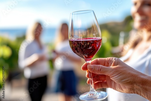 Wine tasting event sommelier luxury Cheers with a glass of red wine in a social gathering outdoors.