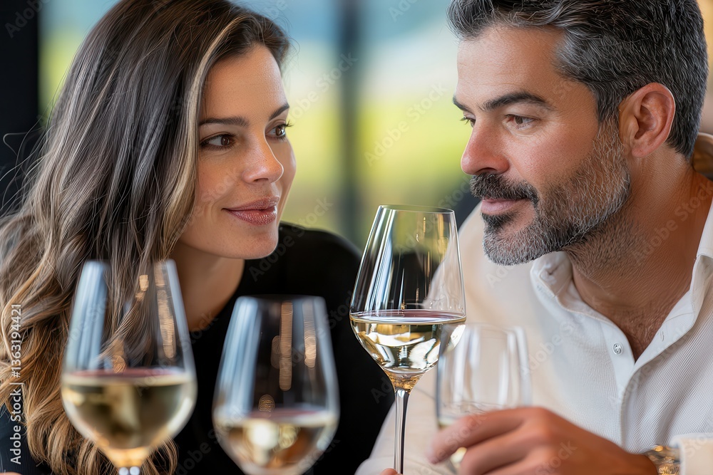 Wine tasting event sommelier luxury Romantic couple enjoying wine together at a restaurant. Wine tasting event sommelier luxury Romantic couple enjoying wine together at a restaurant.