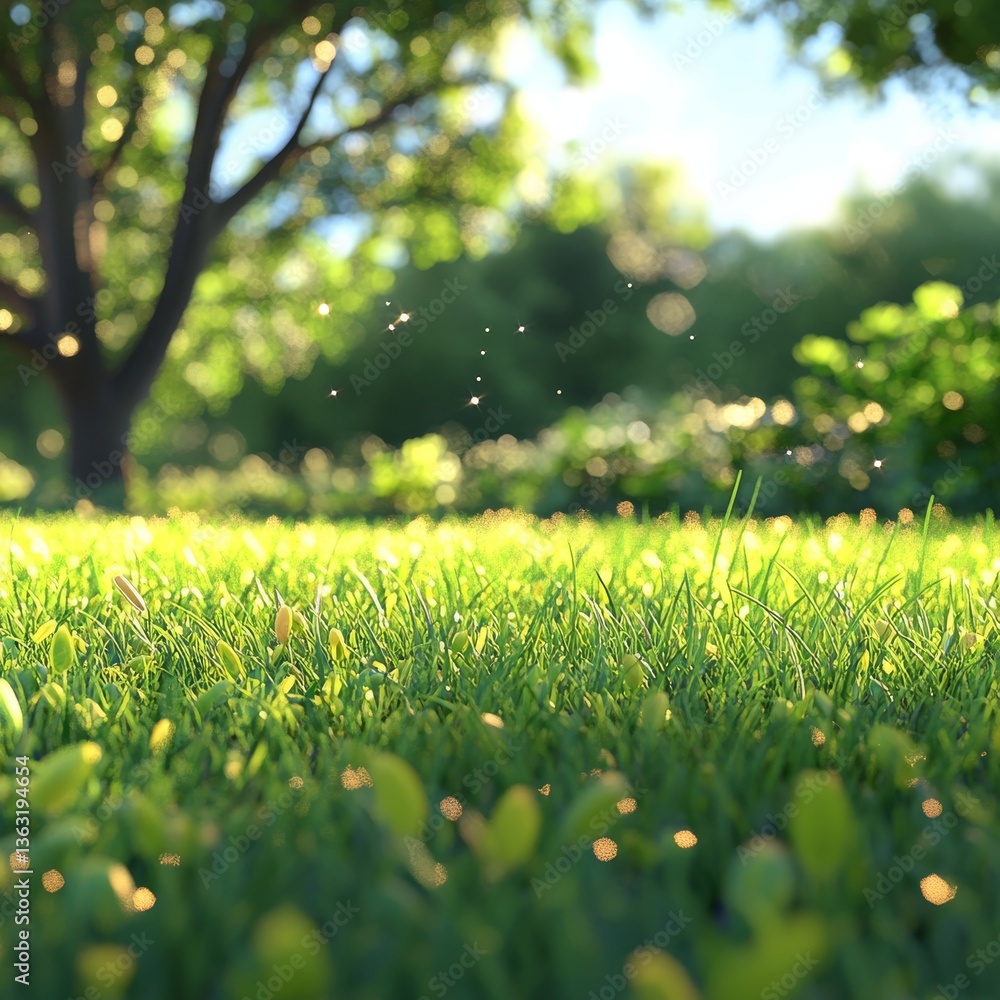 Fototapeta premium Sun-Drenched Meadow: A Vibrant Green Scene with Bokeh Lights and a Tranquil, Dreamy Atmosphere in the Forest.