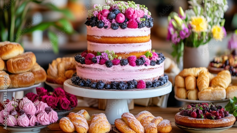 Freshly Baked Goods and Artistic Cakes in a Bakery Showcase Freshly Baked Goods and Artistic Cakes in a Bakery Showcase
