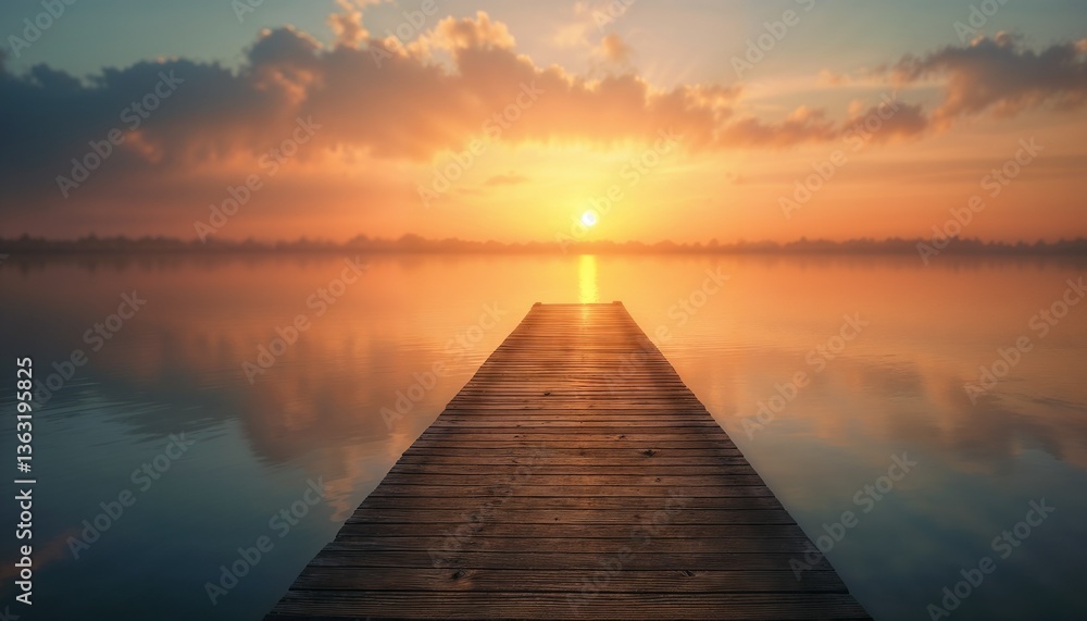 Serene wooden pier over calm water reflecting a vibrant sunrise with soft clouds