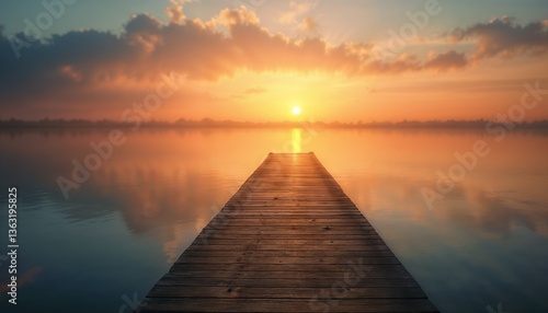 Obraz na płótnie Serene wooden pier over calm water reflecting a vibrant sunrise with soft clouds w salonie