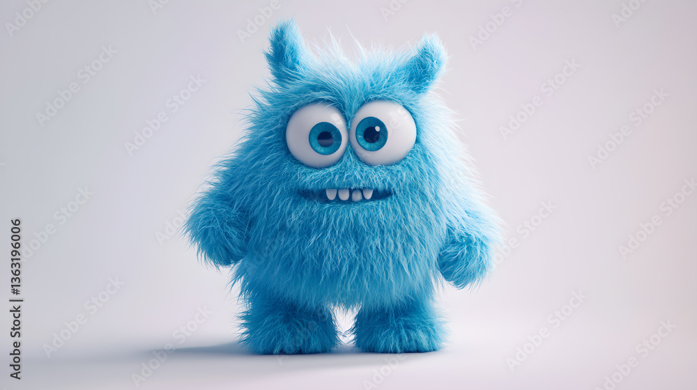 Obraz premium Cute Blue Fuzzy Monster, Playful Cartoon Character