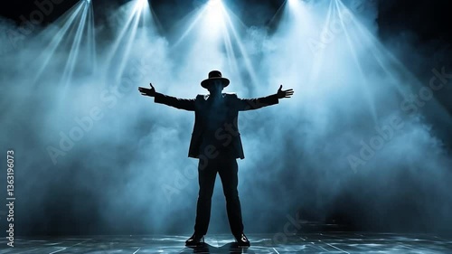 Magician levitates on stage amid mysterious lighting, captivating the audience with a mesmerizing illusion. Zoom in for detail.