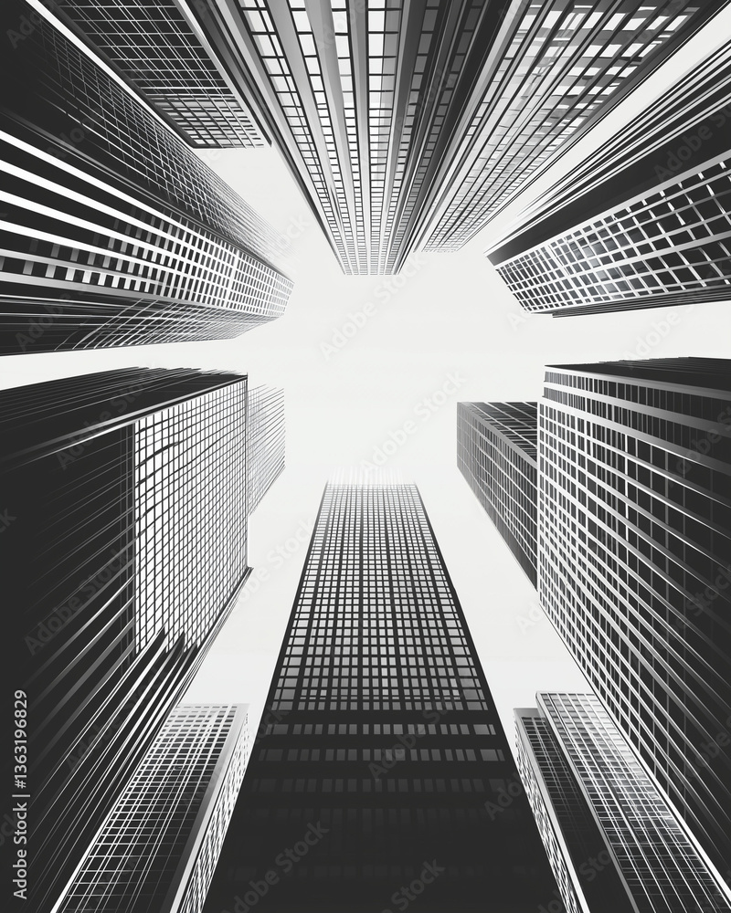 Looking up at modern skyscrapers – black and white architectural graphic