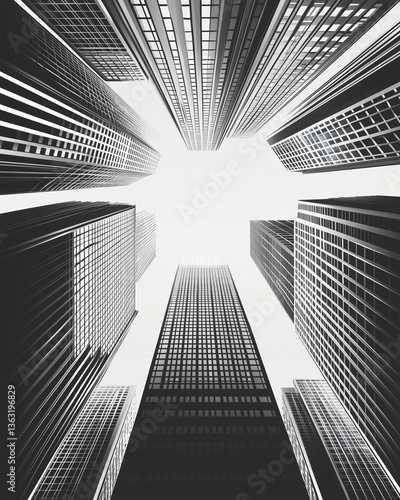 Obraz na płótnie Looking up at modern skyscrapers – black and white architectural graphic w salonie