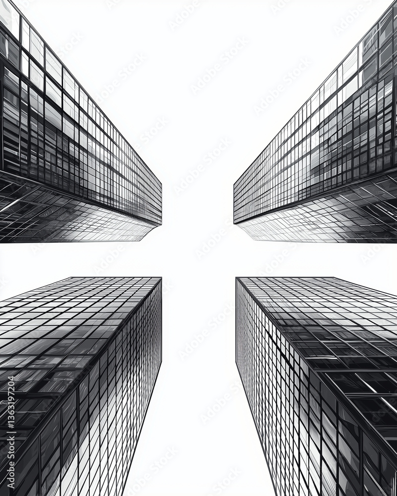 Looking up at modern skyscrapers – black and white architectural graphic