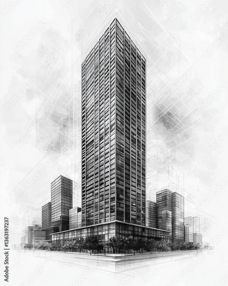 Looking up at modern skyscrapers – black and white architectural graphic